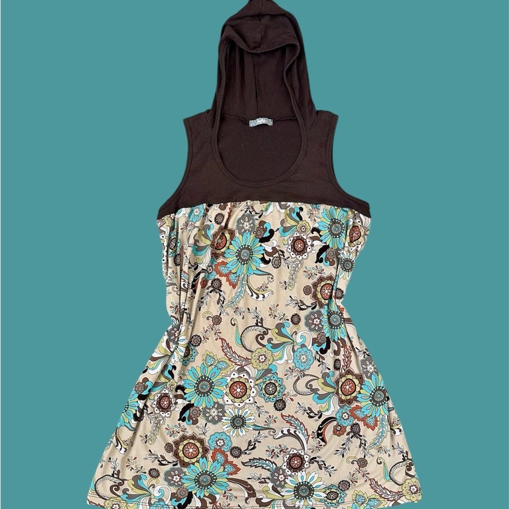 Y2K Hooded Dress Cover Up Tank Tunic Women’s Medium Floral Paisley‎ Brown Cream